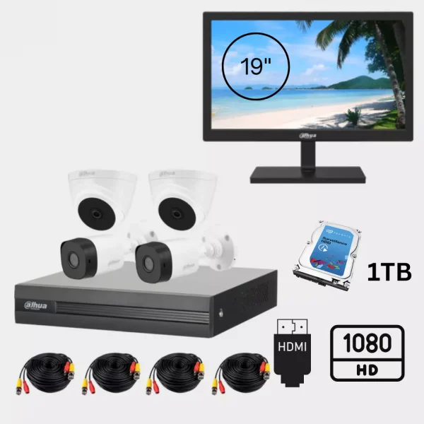 COMBO KIT DE 4 CÁMARAS DE SEGURIDAD CON MONITOR PROFESIONAL 19"